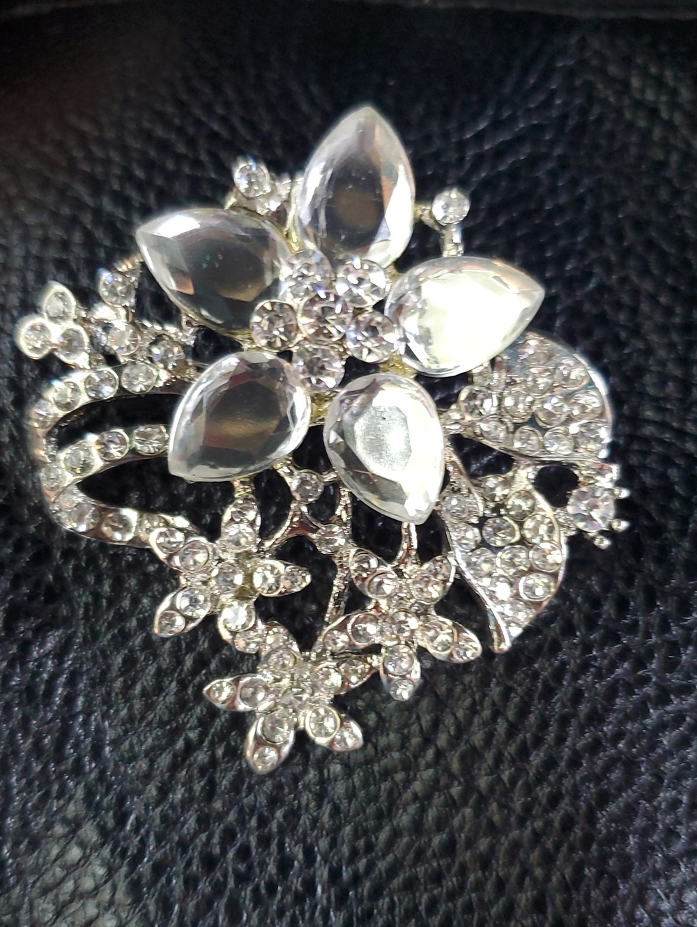 Crystal Floral Silver-Tone Brooch - Clear Sparkling Flower Pin